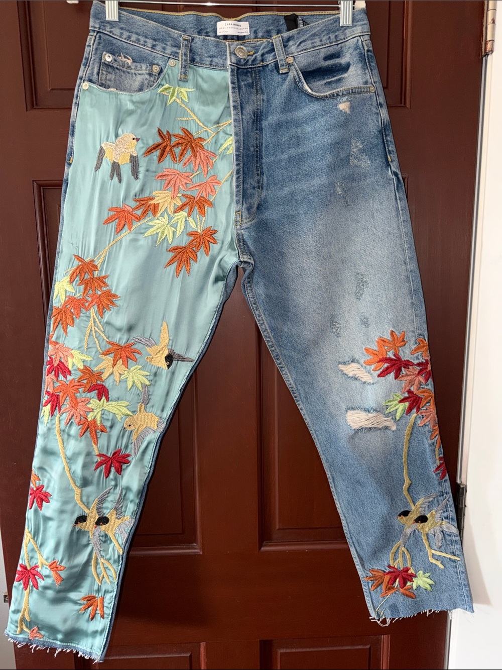Zara Premium Denim Embroidered Bird Satin Panel Cropped Jeans Size 8